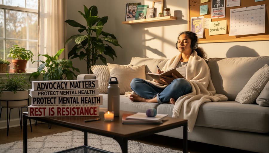 Sunlit desk with an open book and small plant while a person rests gently in the background