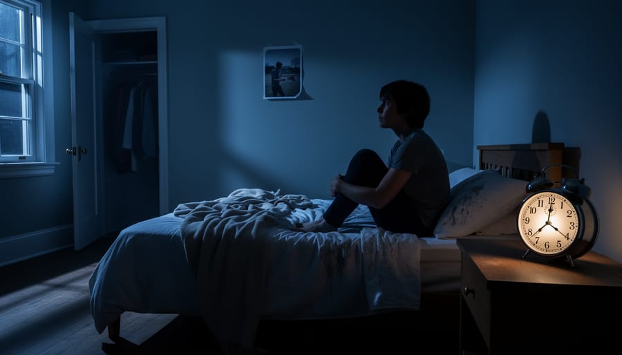 Close-up view of an alarm clock on a nightstand with faint moonlight coming through a window at night.