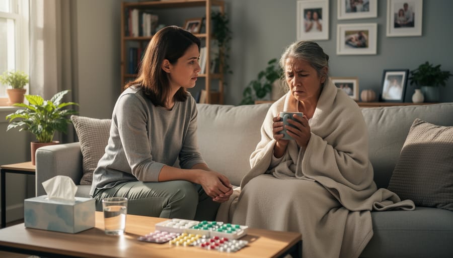 Family caregiver sitting at a kitchen table holding a mug of tea while listening, with warm morning light