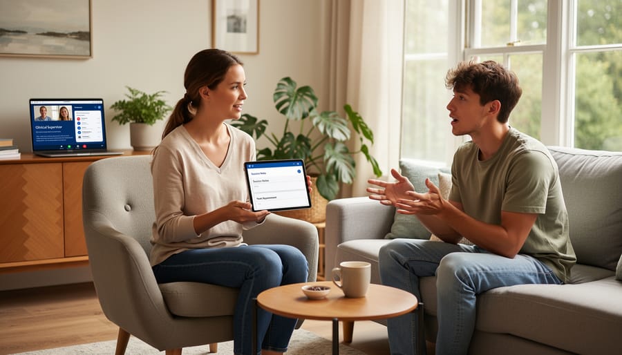 Clinician speaking with a patient in a quiet office during a mental health visit