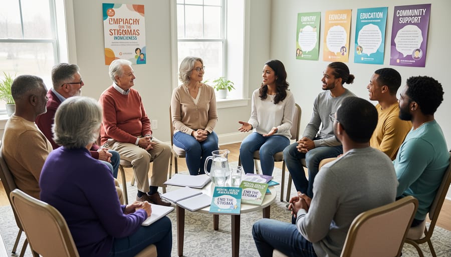 People sitting in a circle in a community room, listening supportively to a speaker.