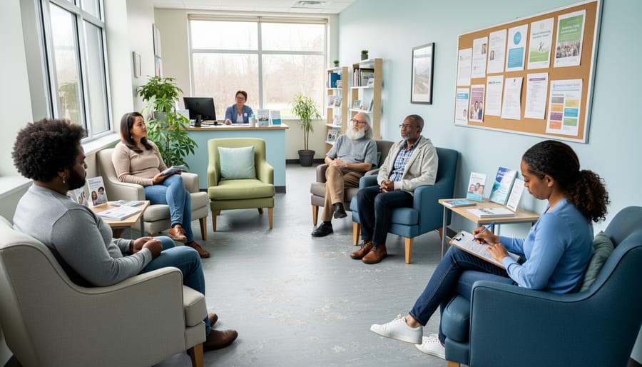Person sitting in a mental health clinic waiting area holding a folder