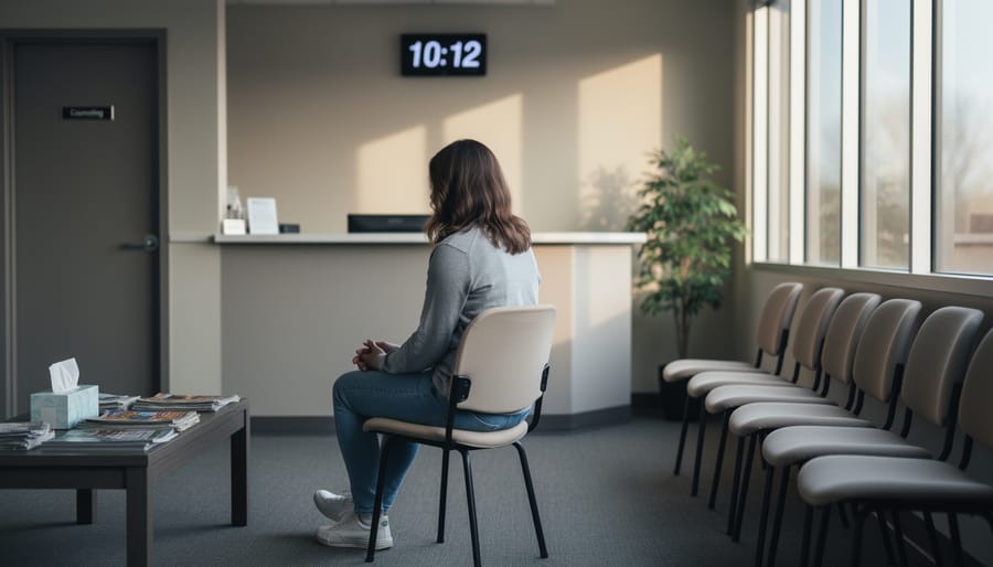 Filipino-Canadian woman sitting in a quiet clinic waiting room looking concerned and holding her phone