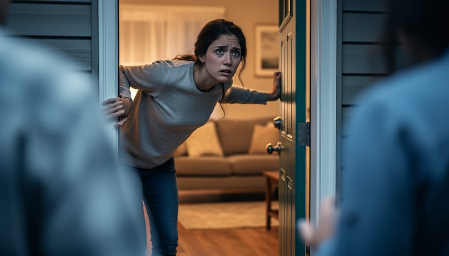 A person hesitating at a doorway with their hand near the doorknob but not entering.