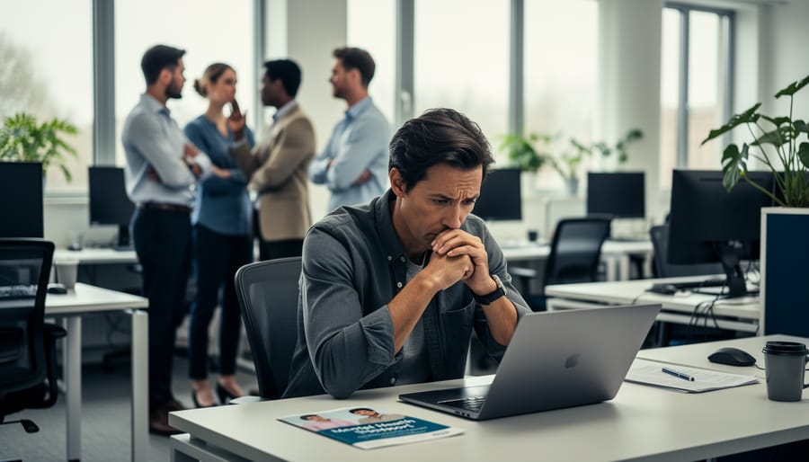 Person standing alone in an office hallway while coworkers turn away.