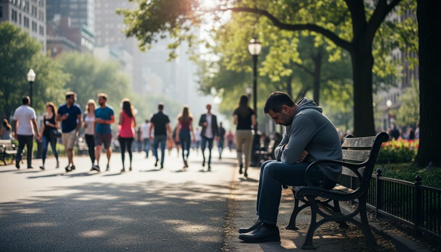 A person sitting alone on a park bench at dusk with their hands clasped and looking downward.