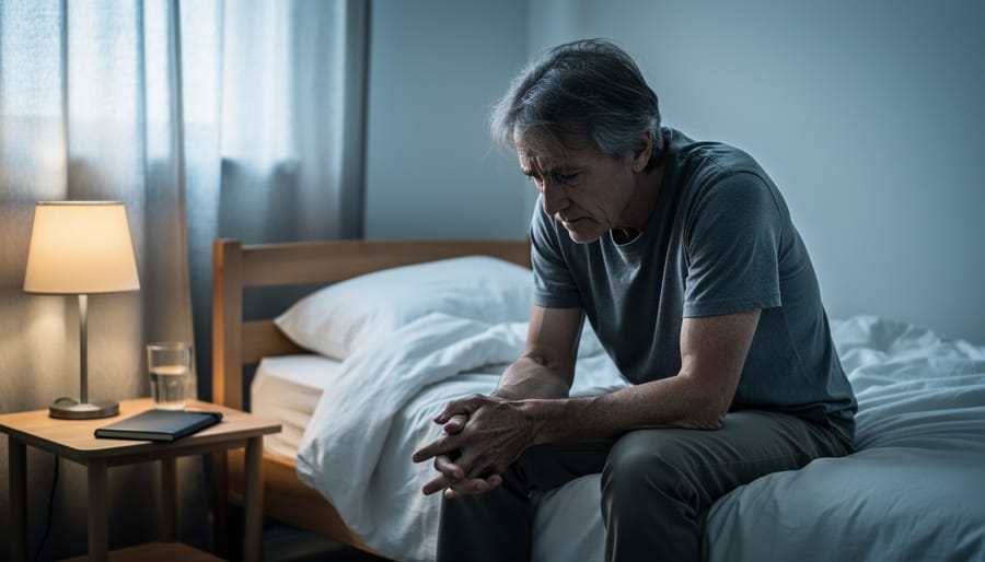 Person sitting quietly by a window at night with hands on knees in a calm, dimly lit room