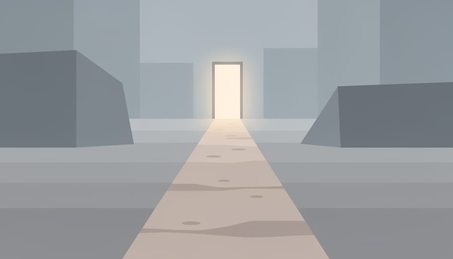 Ground-level view of a gravel path leading toward a softly lit doorway in an overcast setting