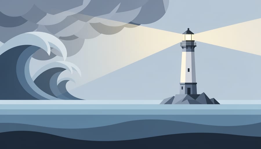 Stormy ocean waves on a dark shoreline with a distant lighthouse beam cutting through the mist.