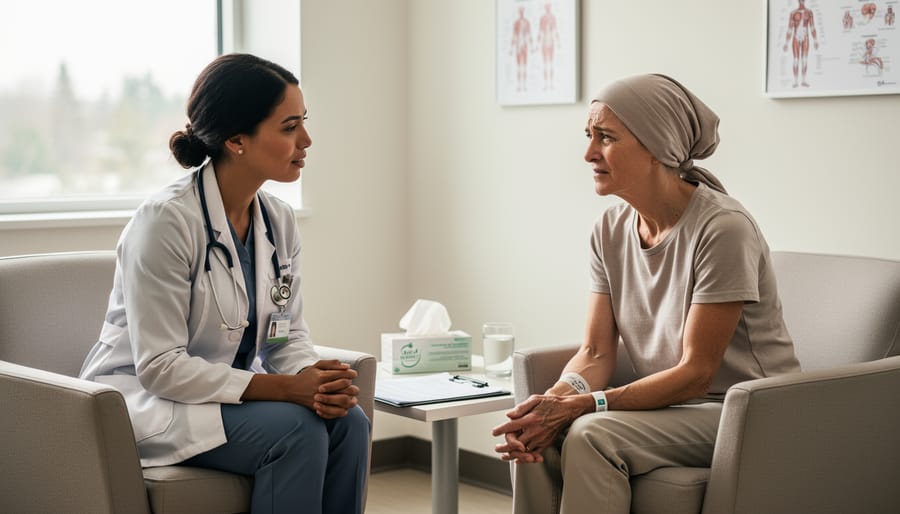 Clinician and peer supporter speaking with an individual in a bright clinic hallway