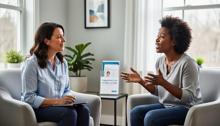 Clinician and Filipino-Canadian family member having a supportive conversation in a counseling room