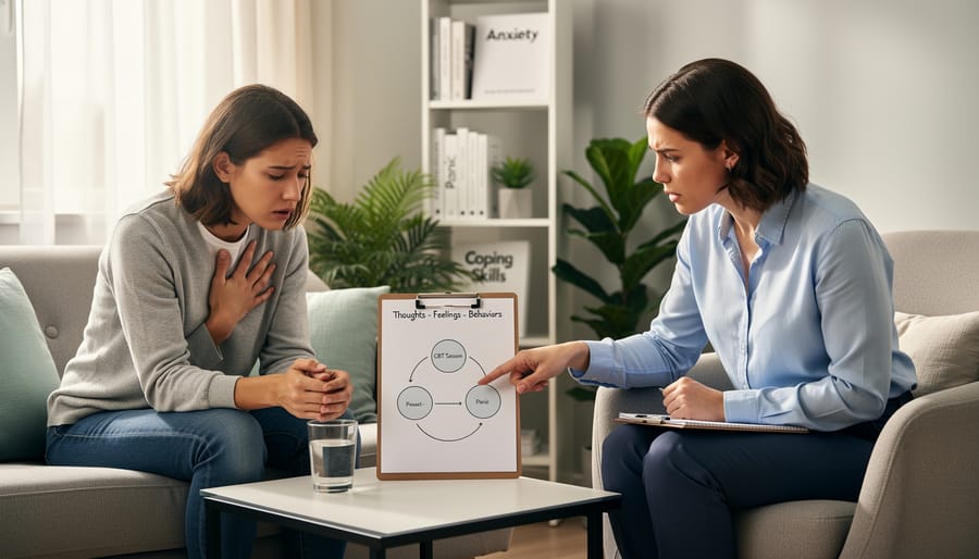 Client meeting with a therapist in a calm clinical office setting.