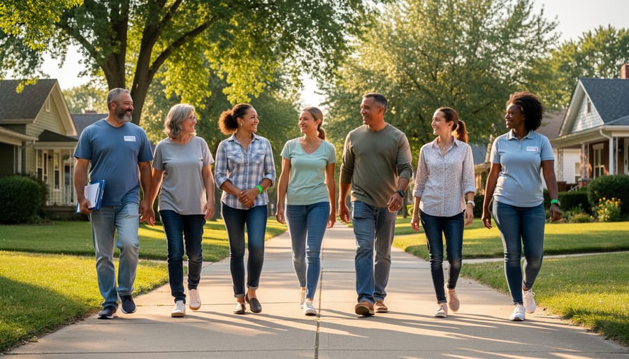 Two people walking together in the community during golden hour, symbolizing recovery and support