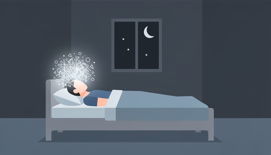 Dimly lit bedroom at night with alarm clock and a person lying awake under a blanket