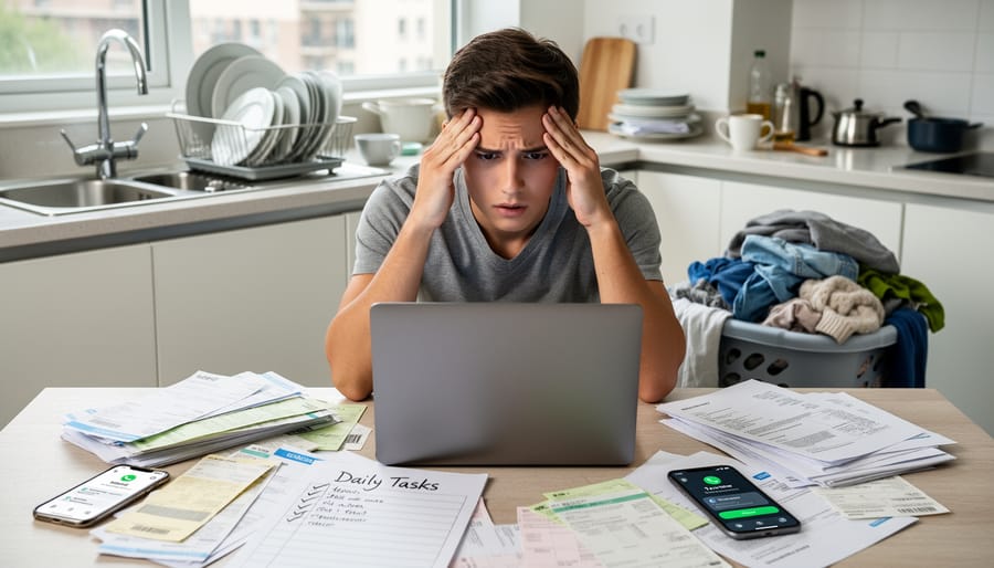 Hands hovering over a laptop on a desk with scattered papers and a face-down smartphone
