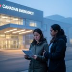 A worried person and a supportive loved one stand outside a Canadian hospital emergency entrance at dusk while holding paperwork without readable text.