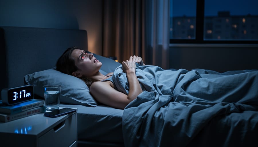 Person awake in bed at night with a softly lit bedside area, suggesting restlessness related to anxiety.