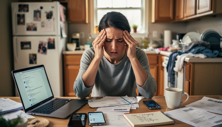Person seated at a kitchen table with hands over their forehead, looking overwhelmed in a quiet home setting.
