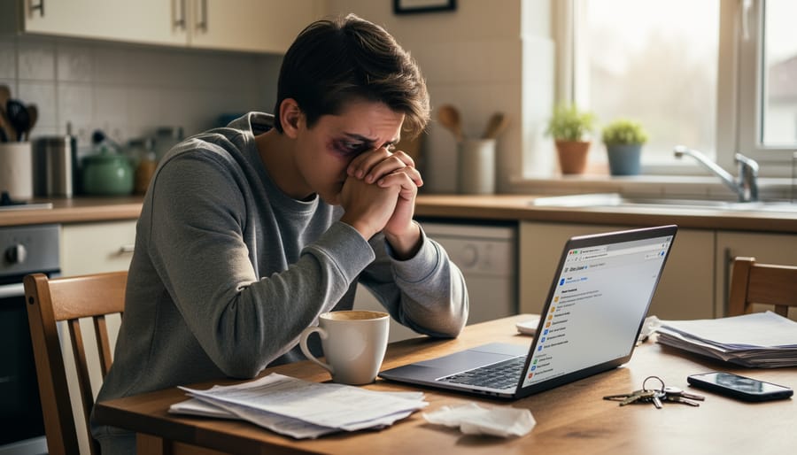 Person sitting at a kitchen table looking stressed with hands on temples and a mug nearby