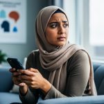 Arabic-speaking woman seated near a window at home, face thoughtful and reflective, representing anxiety and seeking mental health support.