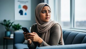 Arabic-speaking woman seated near a window at home, face thoughtful and reflective, representing anxiety and seeking mental health support.