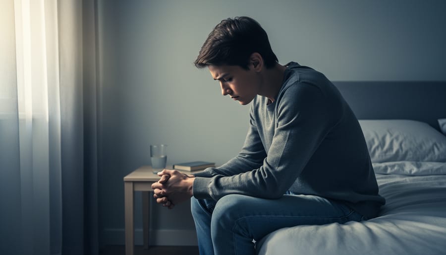 Young person in a quiet room showing anxious distress, holding their head with one hand