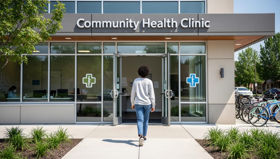 Person walking toward a clinic entrance holding a referral folder