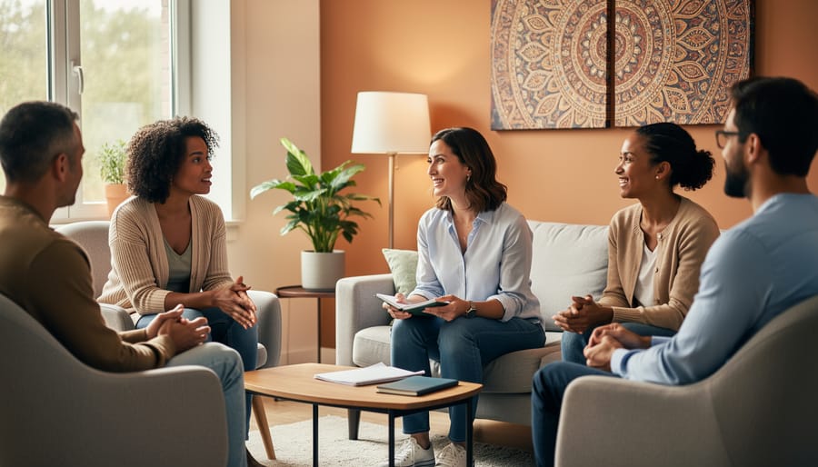Arabic-speaking family member and mental health professional having a supportive conversation across a table