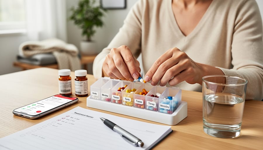 Hands arranging a pill organizer and notebook on a bedside table with a glass of water