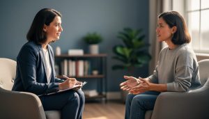 A therapist and a client sitting together in a calm counseling room, representing mental health and addiction support.