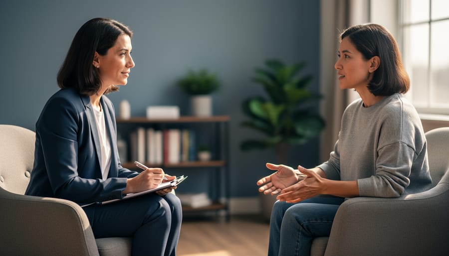 A therapist and a client sitting together in a calm counseling room, representing mental health and addiction support.