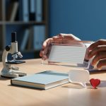 Clinician’s hands placing a journal on a table next to research-themed objects representing mental health and addiction study methods in a calm clinic environment.