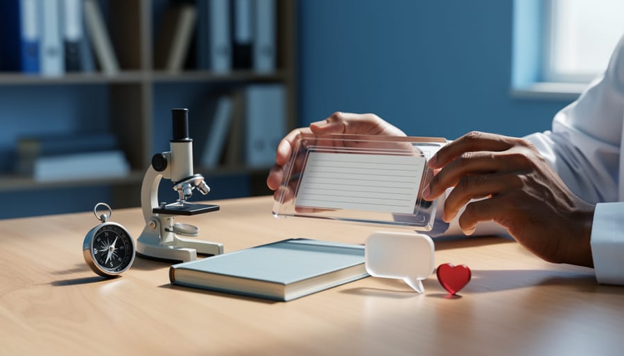Clinician’s hands placing a journal on a table next to research-themed objects representing mental health and addiction study methods in a calm clinic environment.