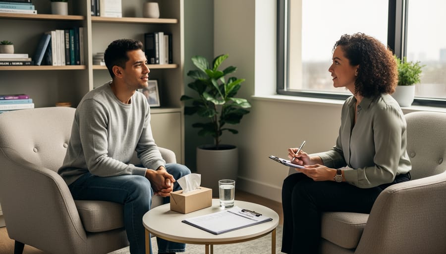 Person and clinician seated together in a quiet therapy room during a supportive session