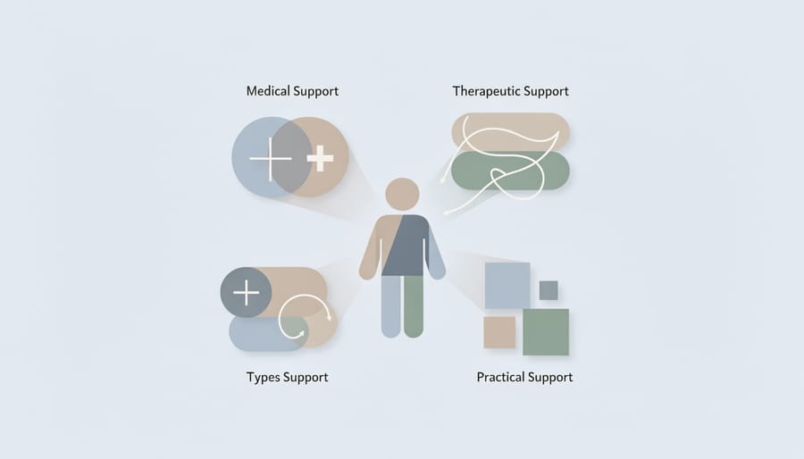 Hands holding colored cards beside a stethoscope and notepad to symbolize coordinated mental health support