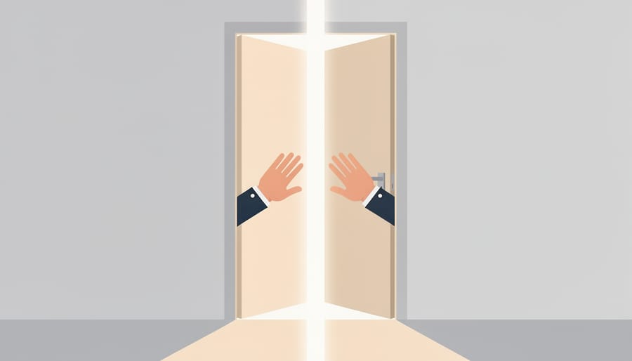 Hands held at a doorway threshold with a clear white tape line representing a boundary