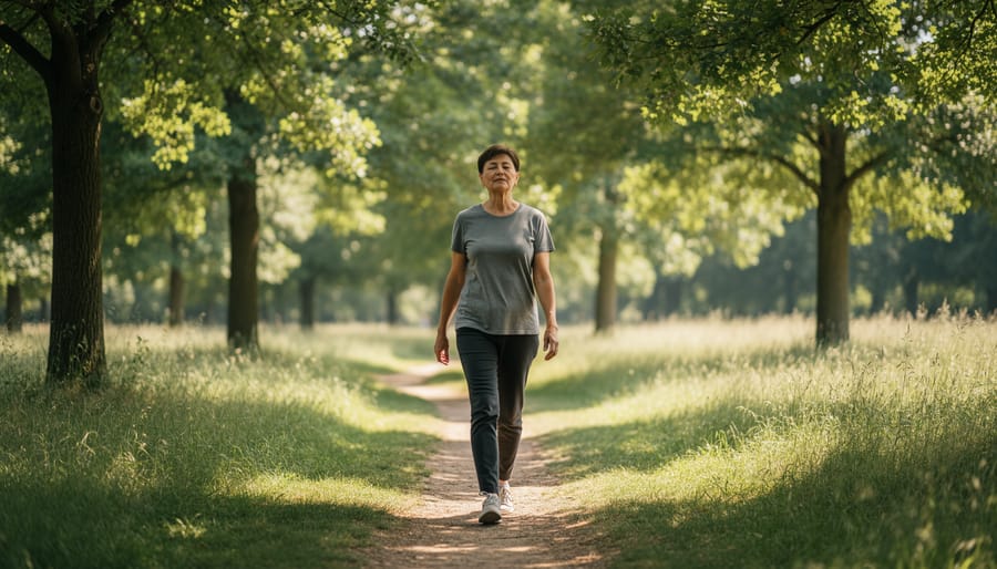 Person walking on a park path at golden hour in a relaxed, stress-relieving posture.