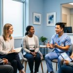 Multidisciplinary mental health team members collaborating in a modern clinic room with a calm, professional atmosphere