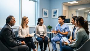 Multidisciplinary mental health team members collaborating in a modern clinic room with a calm, professional atmosphere