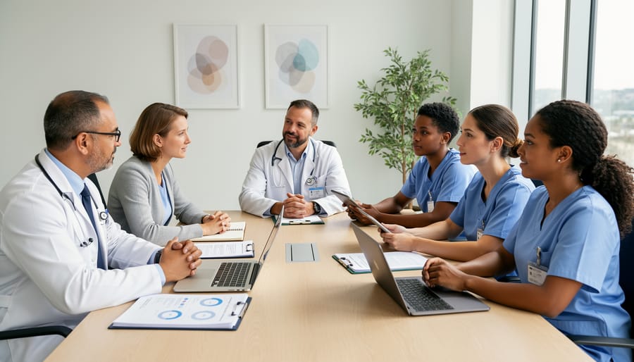 Mental health professionals meeting around a table with notebooks and a tablet