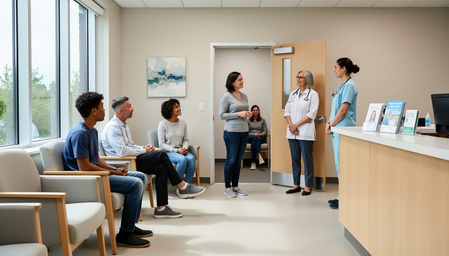 Outpatient clinic hallway with reception desk and waiting area