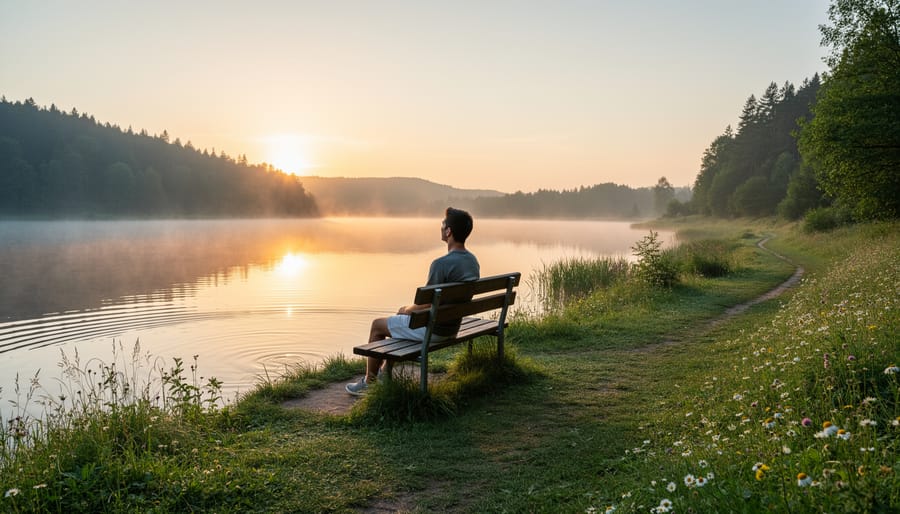 Person sitting quietly on a park bench looking out at a calm lake, suggesting reflection and personal recovery.