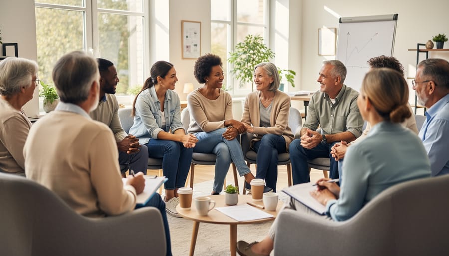 People seated in a circle during a community support meeting, suggesting peer connection and shared understanding.