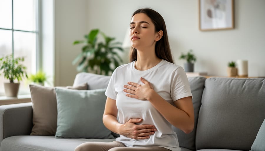 Person sitting quietly with eyes closed, demonstrating a calming deep-breathing posture.