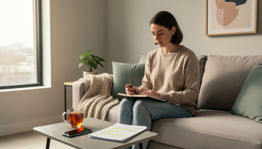 Person in a living room holding a smartphone and resting a hand on a closed journal near a cup of tea