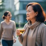 Person walking forward on a calm path while holding herbal tea, with a supportive companion nearby in soft focus, representing recovery and long-term wellbeing.
