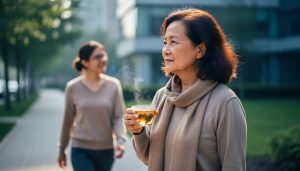 Person walking forward on a calm path while holding herbal tea, with a supportive companion nearby in soft focus, representing recovery and long-term wellbeing.