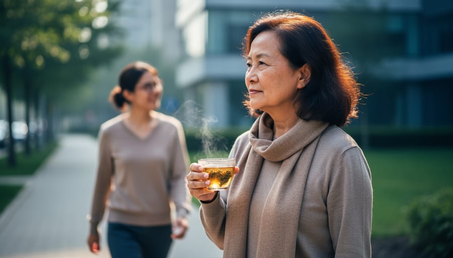 Person walking forward on a calm path while holding herbal tea, with a supportive companion nearby in soft focus, representing recovery and long-term wellbeing.