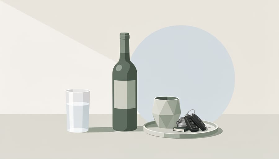 Countertop still life with an alcohol bottle edge, water glass, car keys, and a phone face-down