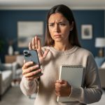 “Person at home making a clear ‘stop’ gesture while holding a phone, symbolizing setting boundaries for personal well-being.”